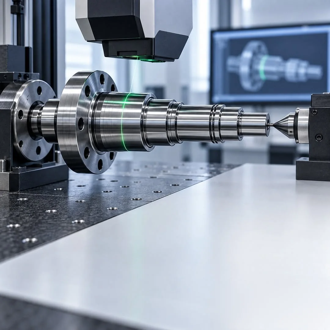 A stepped shaft being scanned on a measuring station — the 3D model of the measured part is shown on the screen.