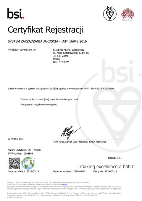 Certyfikat IATF 16949 — Podgląd certyfikatu